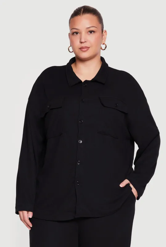 Plus Size Textured Knit Button Front Shirt made by Rainbow