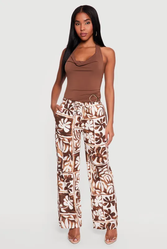 Printed Pattern Linen Wide Leg Drawstring Waist Pants made by Rainbow