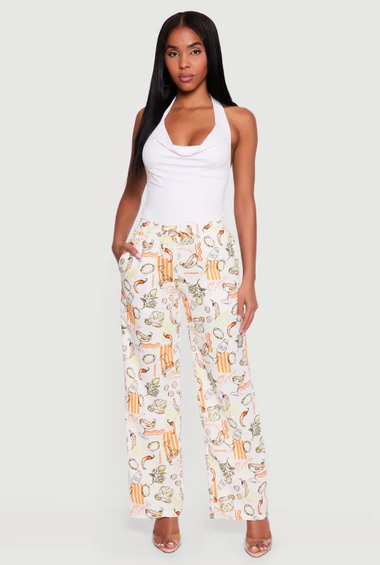 Printed Pattern Linen Wide Leg Drawstring Waist Pants made by Rainbow
