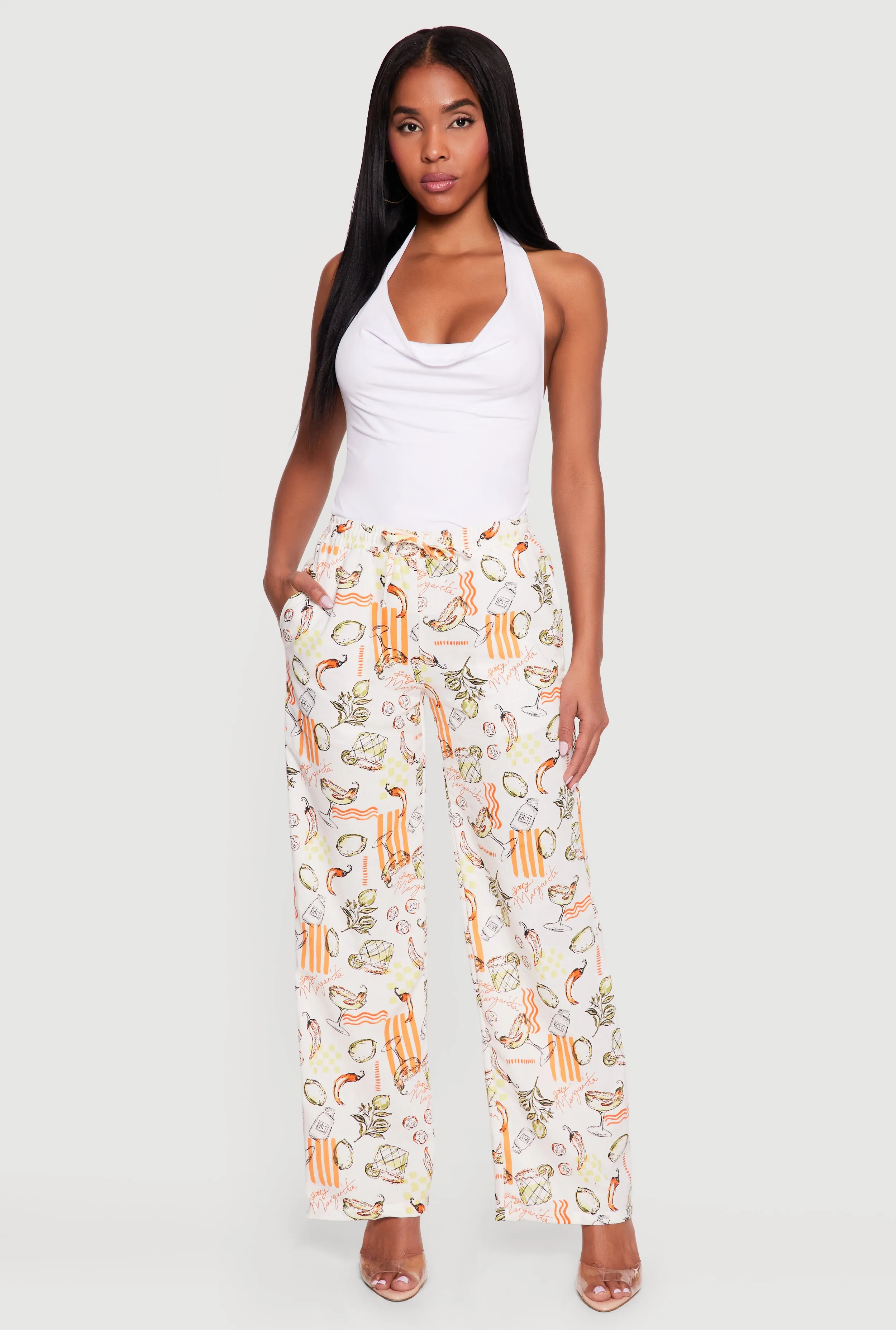 Printed Pattern Linen Wide Leg Drawstring Waist Pants sold by Rainbow