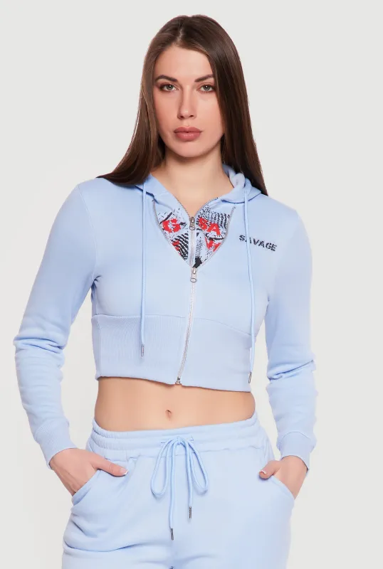Savage Graphic Double Layered Zip Front Cropped Hoodie made by Rainbow