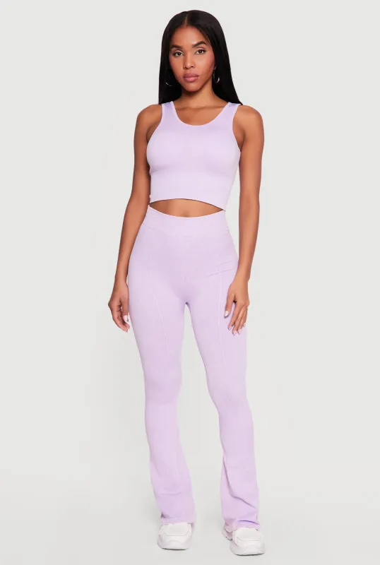 Acid Wash Ribbed Cropped Tank Top and Flare Leggings Set made by Rainbow