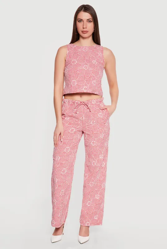 Floral Decorative Stitch Gingham Drawstring Waist Pants made by Rainbow
