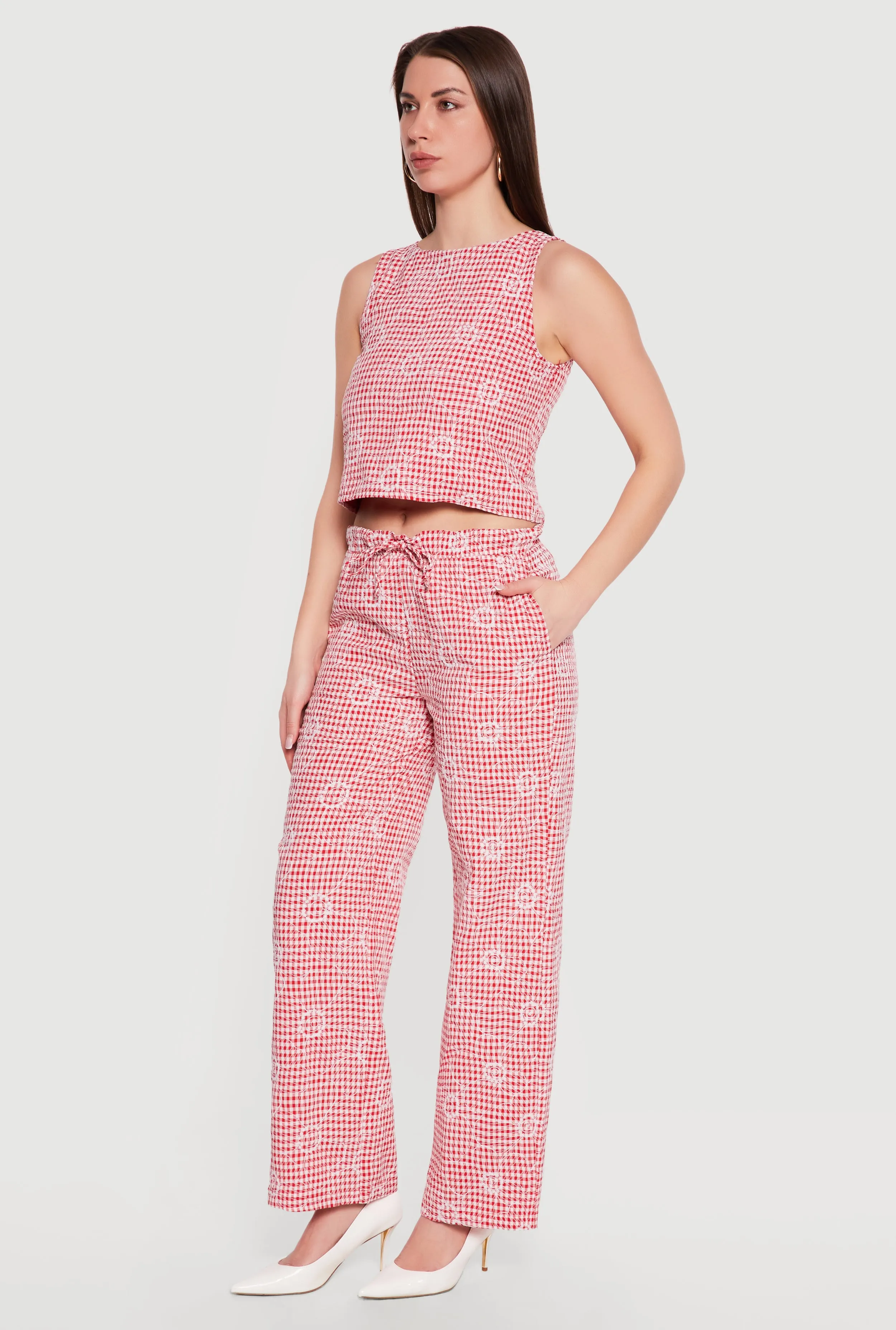 Floral Decorative Stitch Gingham Drawstring Waist Pants sold by Rainbow product image thumbnail 2
