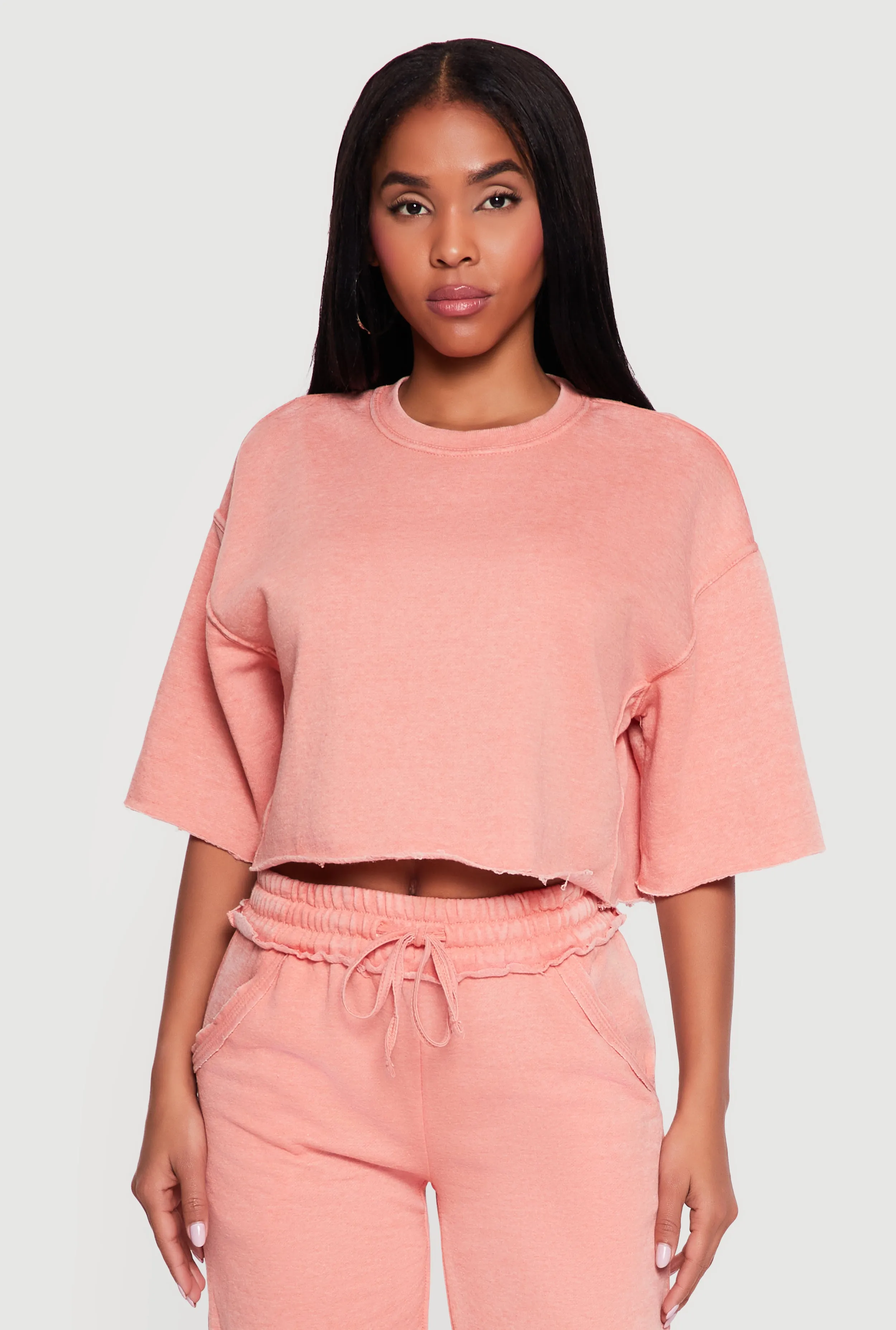 Acid Wash Short Sleeve Fleece Cropped Sweatshirt sold by Rainbow