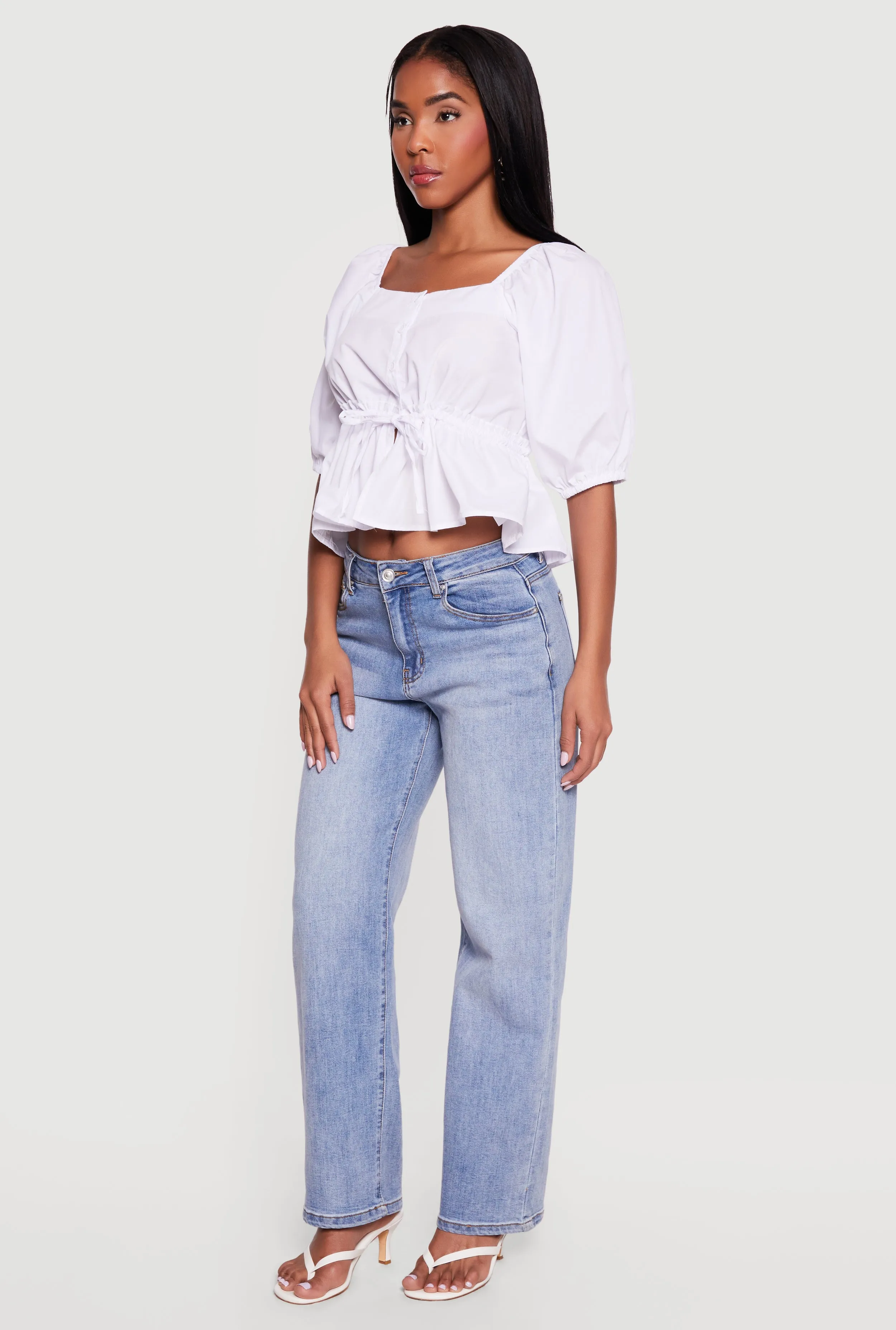 Square Neck Tie Waist Puff Sleeve Crop Top sold by Rainbow product image thumbnail 3