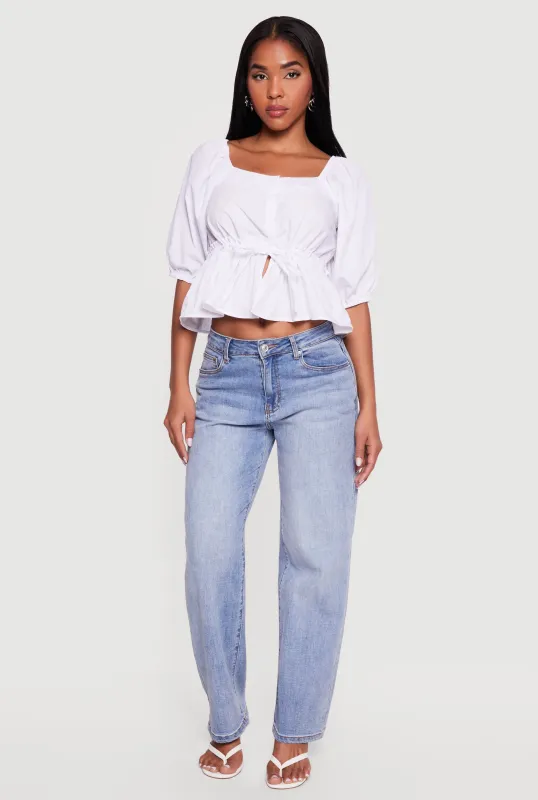 Square Neck Tie Waist Puff Sleeve Crop Top made by Rainbow