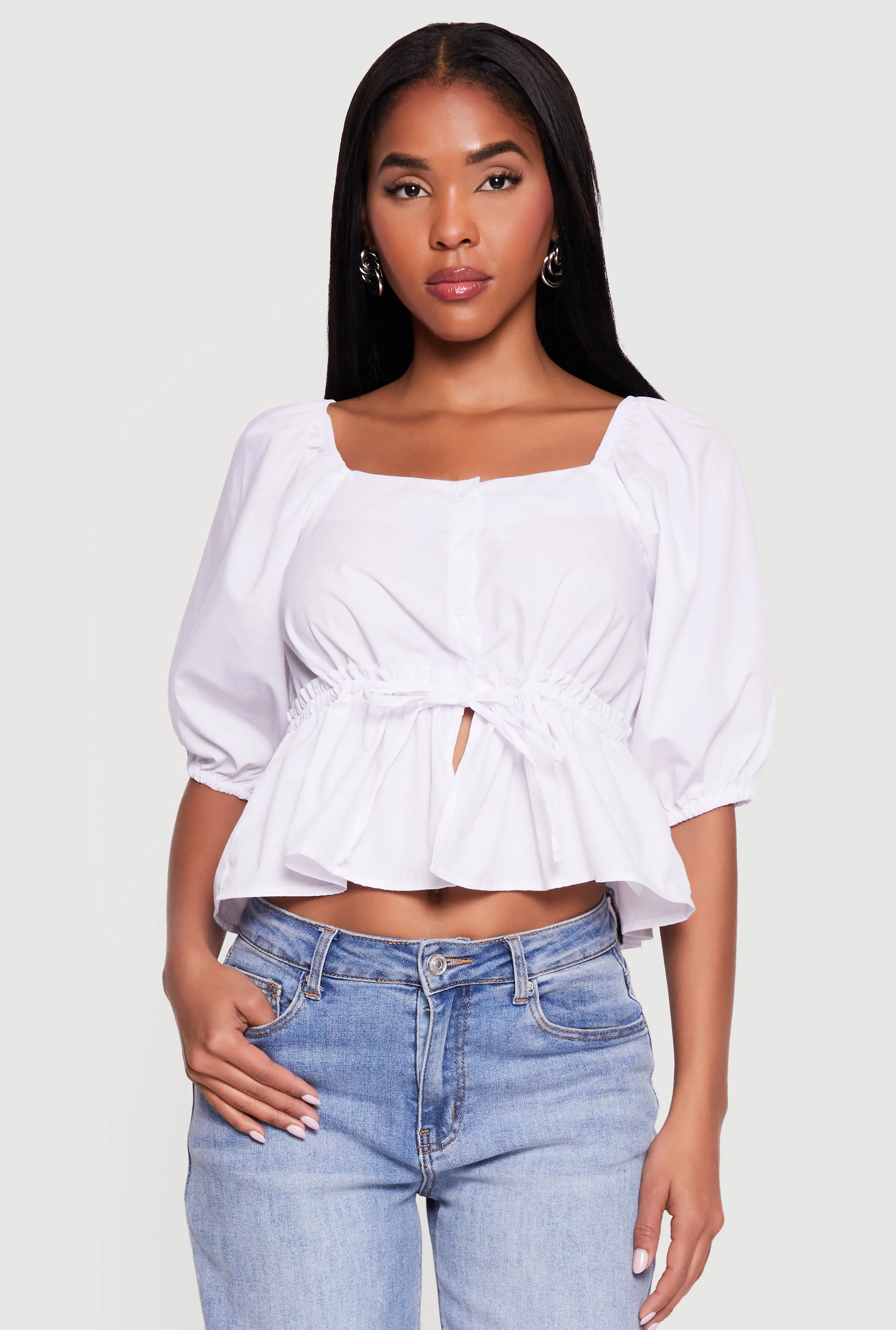 Square Neck Tie Waist Puff Sleeve Crop Top sold by Rainbow product image thumbnail 2