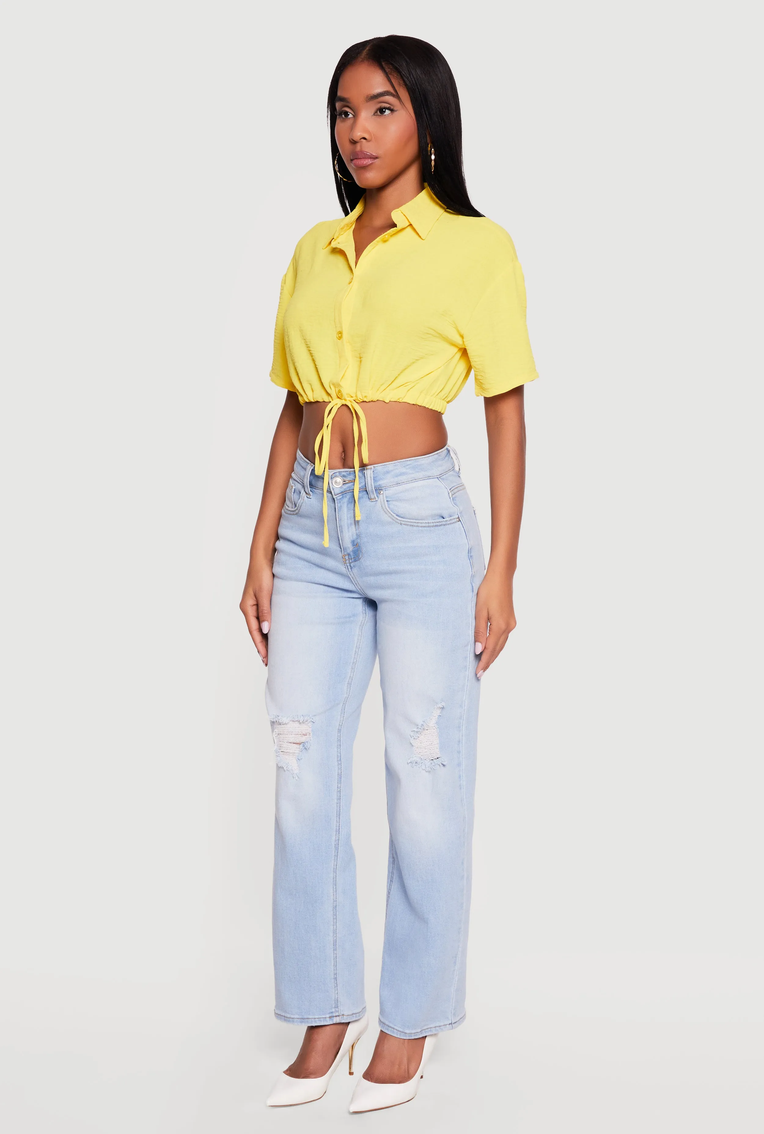 Crepe Knit Cropped Drawstring Waist Shirt sold by Rainbow product image thumbnail 3