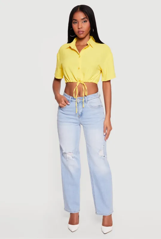 Crepe Knit Cropped Drawstring Waist Shirt made by Rainbow