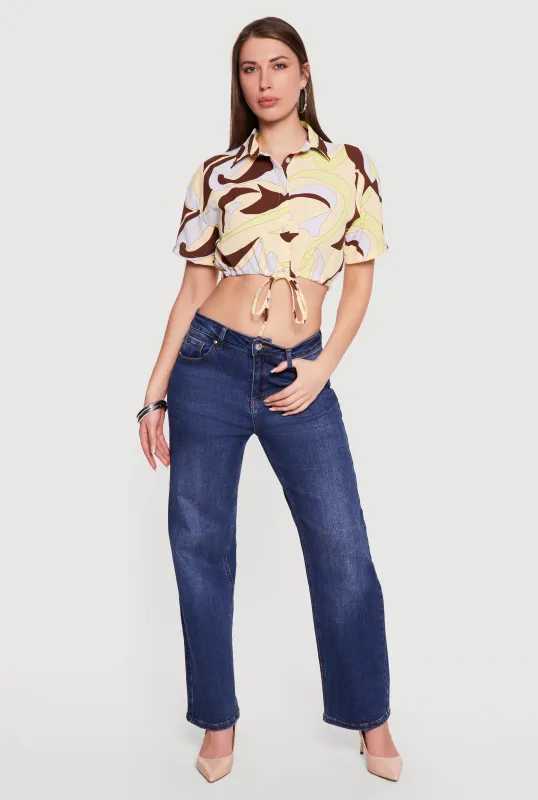 Patterned Drawstring Waist Crop Top made by Rainbow