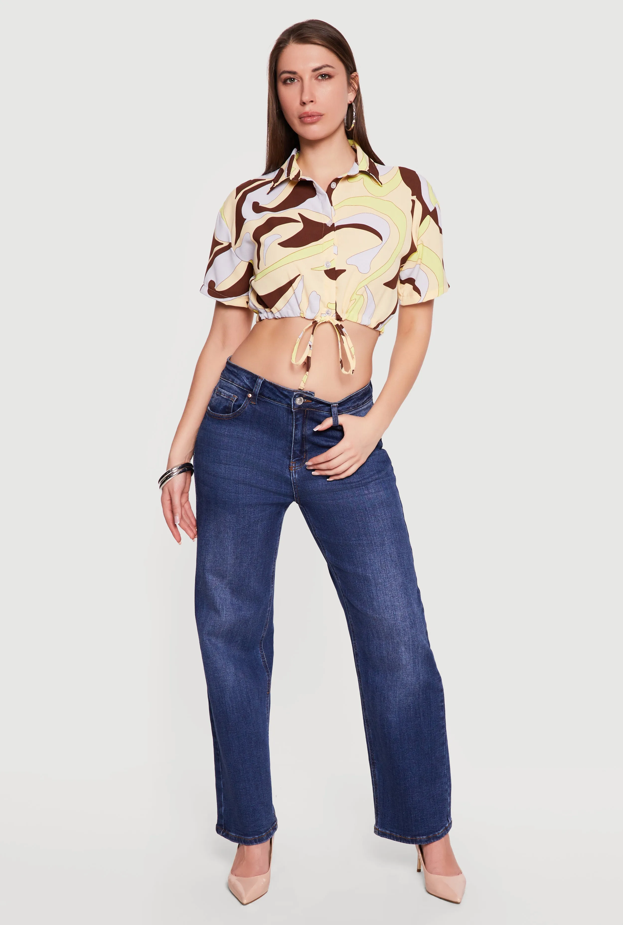 Patterned Drawstring Waist Crop Top sold by Rainbow