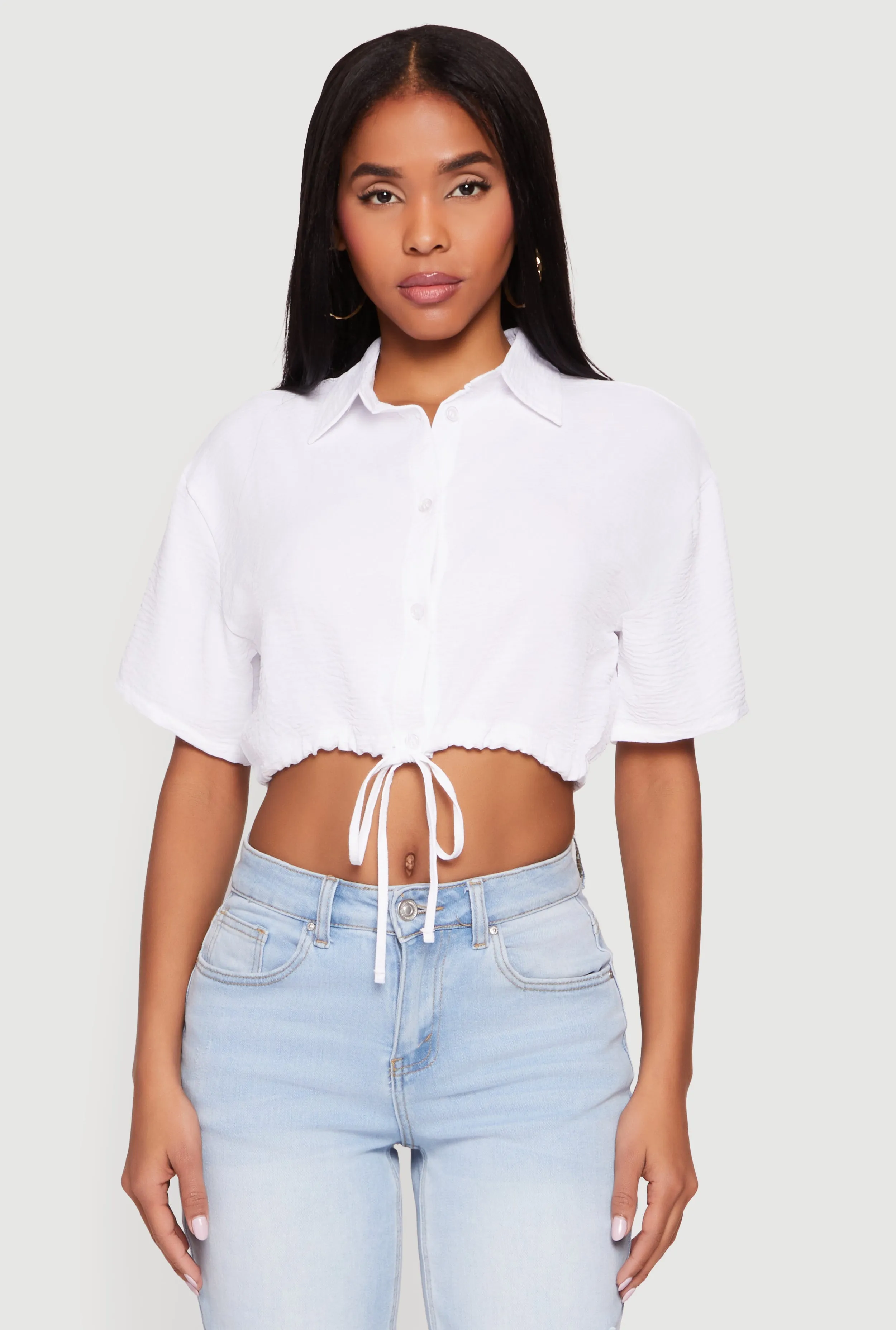 Crepe Knit Cropped Drawstring Waist Shirt sold by Rainbow product image thumbnail 2