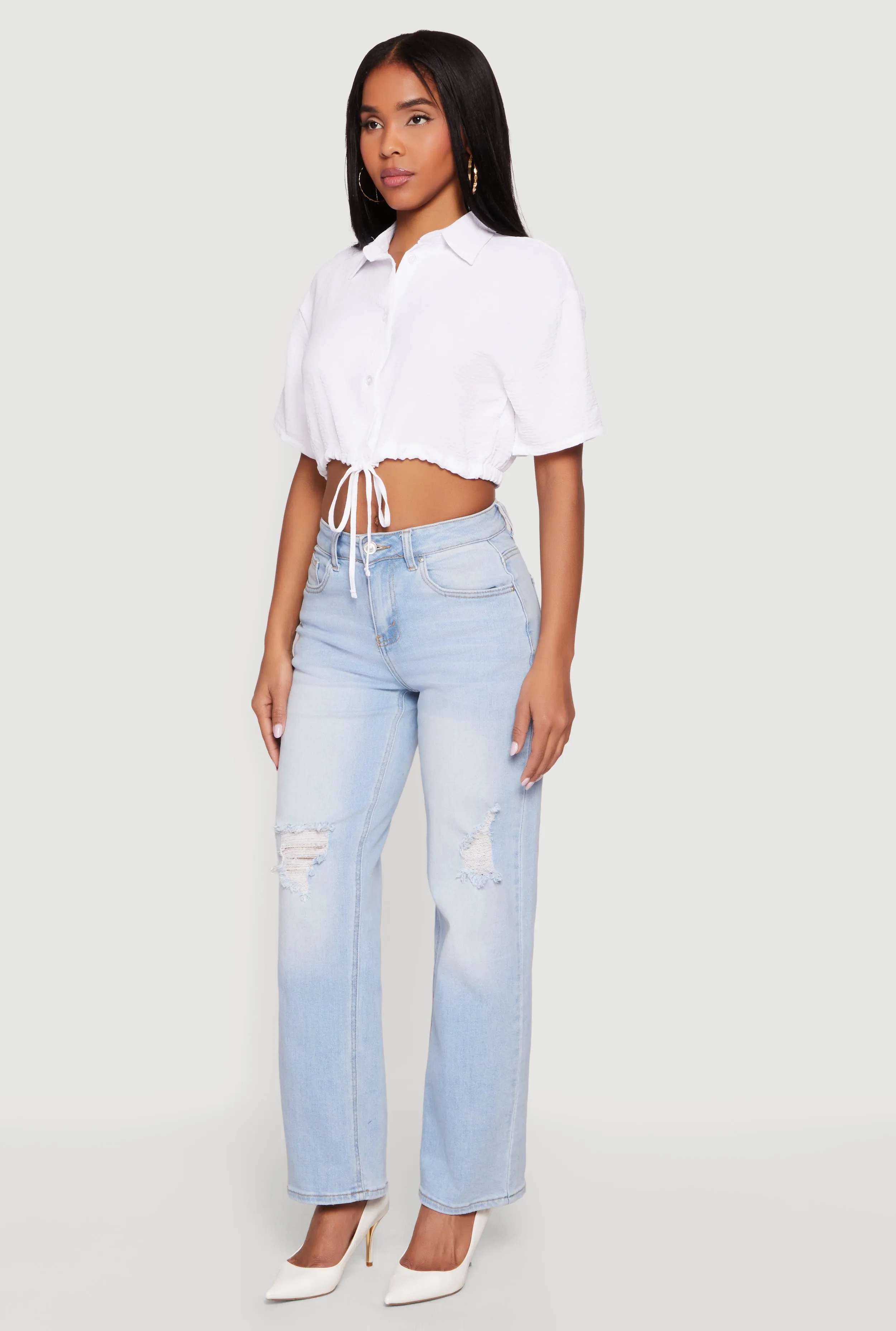 Crepe Knit Cropped Drawstring Waist Shirt sold by Rainbow product image thumbnail 3