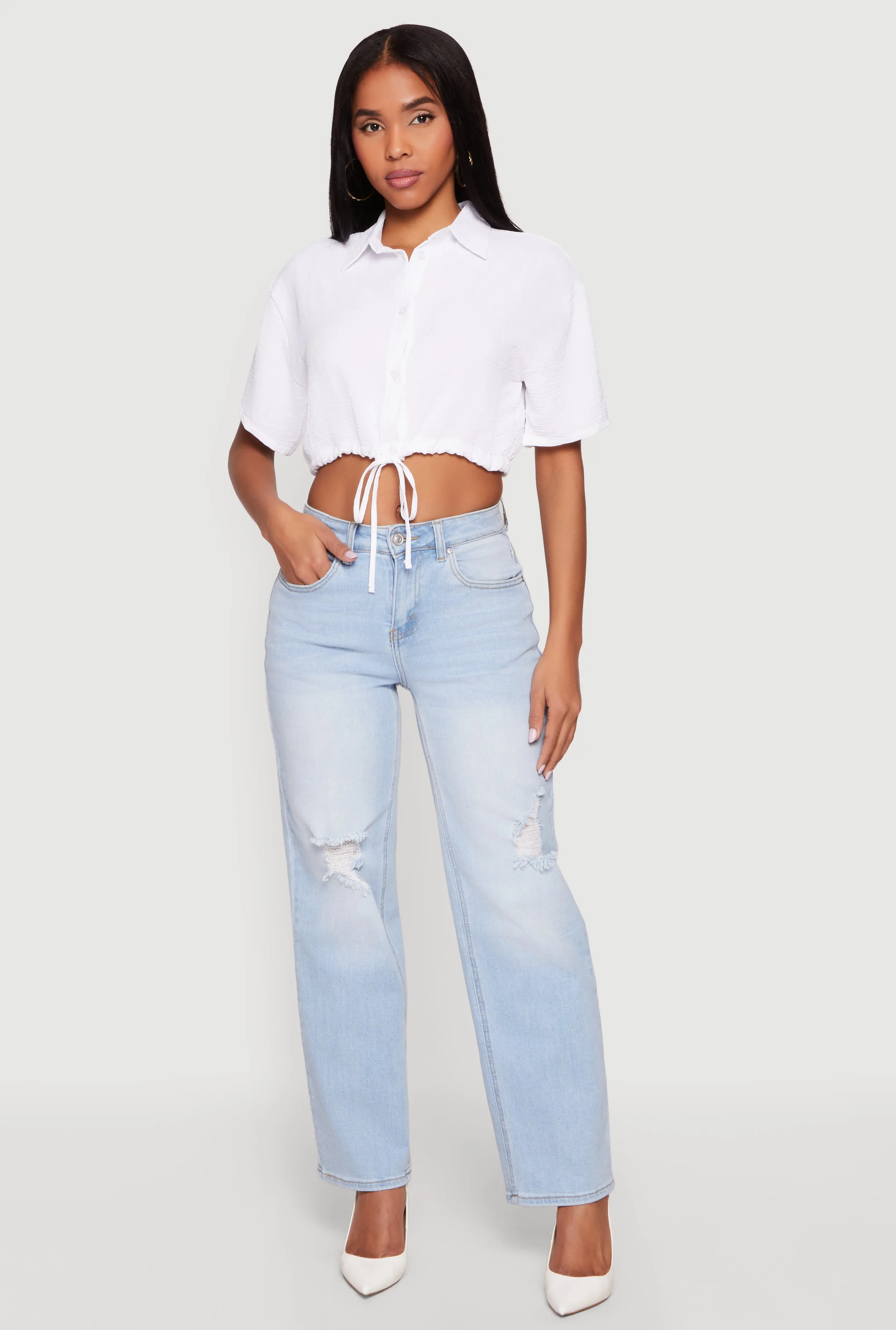 Crepe Knit Cropped Drawstring Waist Shirt sold by Rainbow