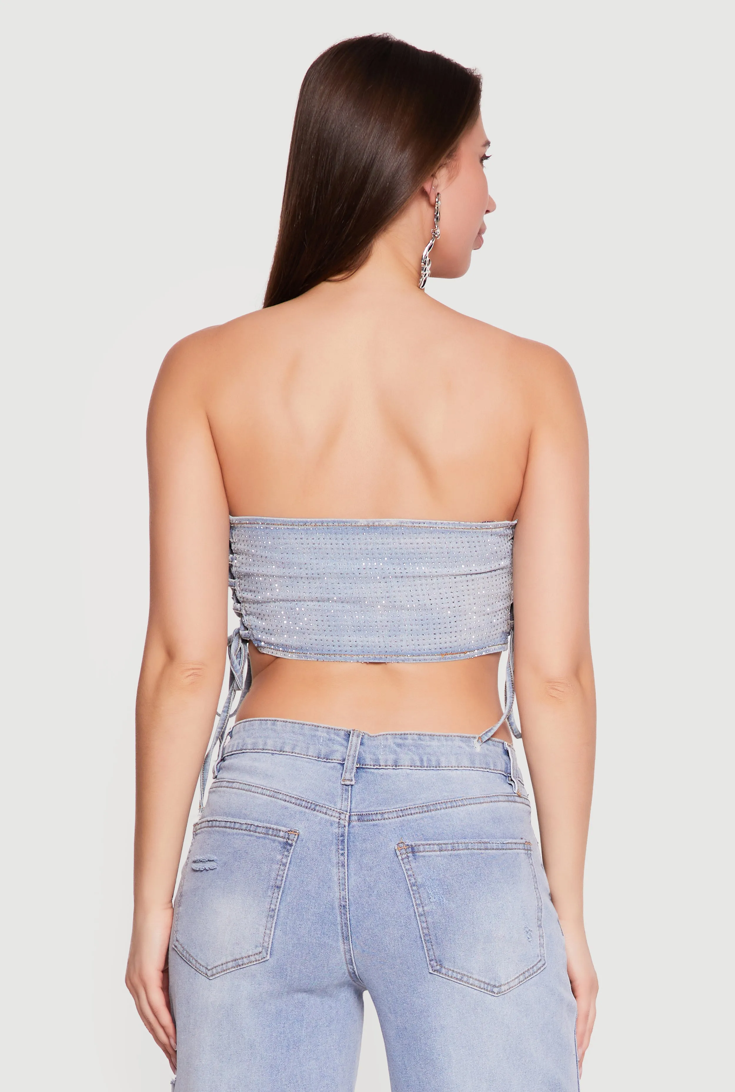 Denim Lace Up Sides Rhinestone Corset Crop Top sold by Rainbow product image thumbnail 5