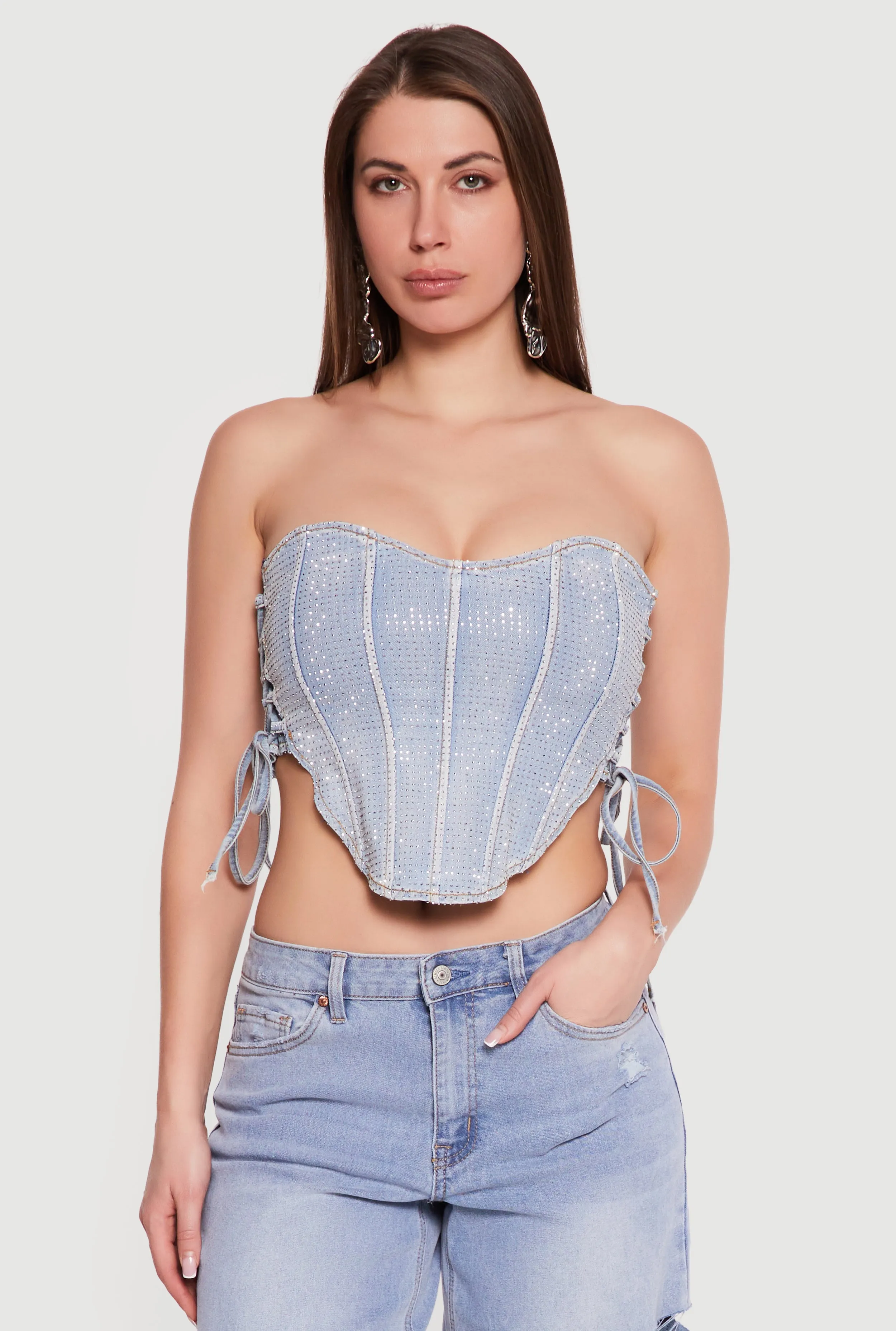 Denim Lace Up Sides Rhinestone Corset Crop Top sold by Rainbow product image thumbnail 2
