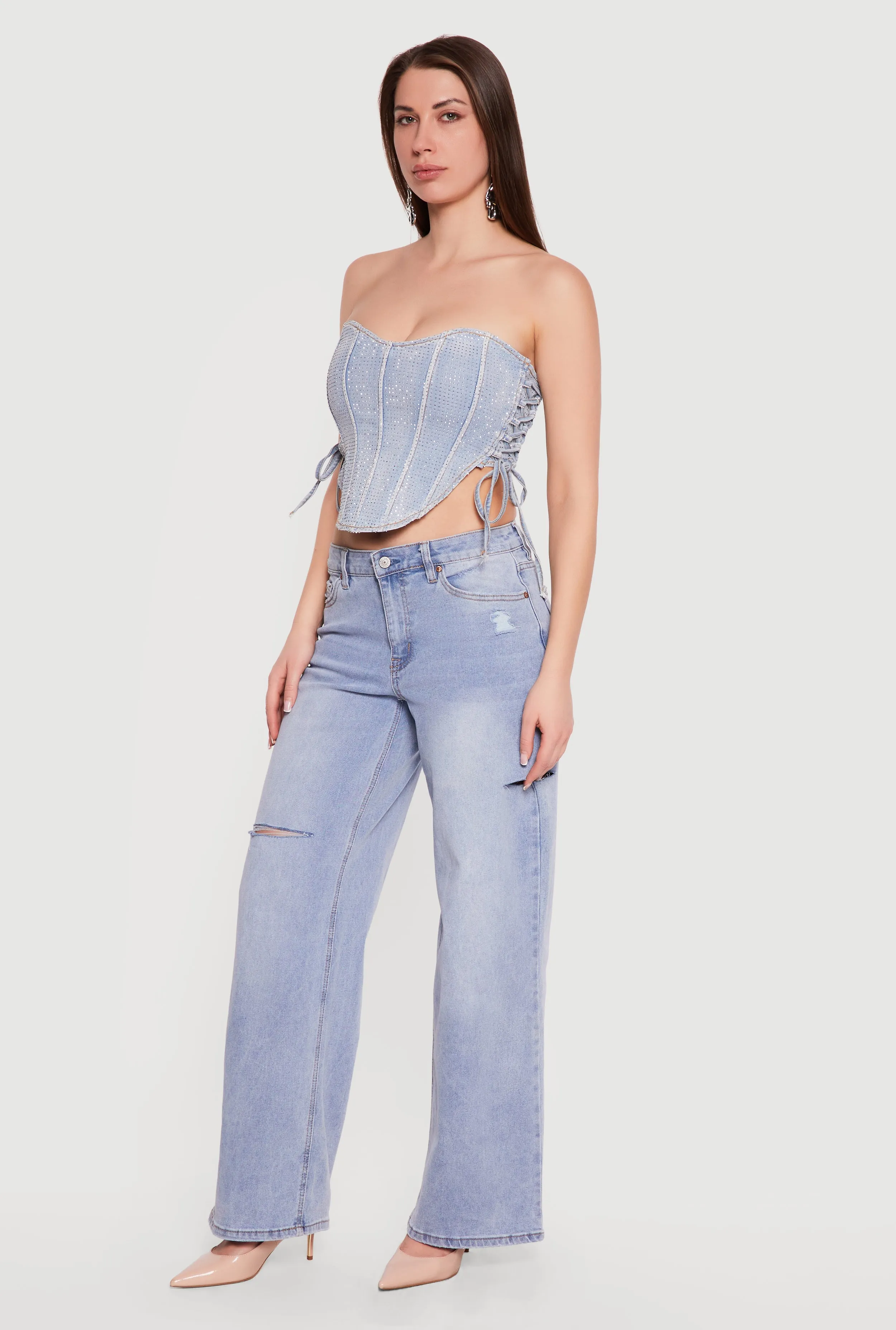 Denim Lace Up Sides Rhinestone Corset Crop Top sold by Rainbow product image thumbnail 3