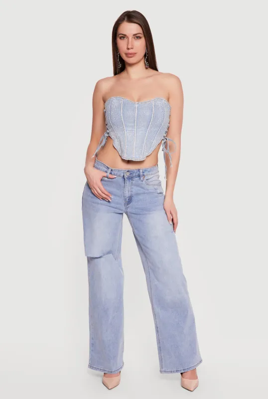 Denim Lace Up Sides Rhinestone Corset Crop Top made by Daisy