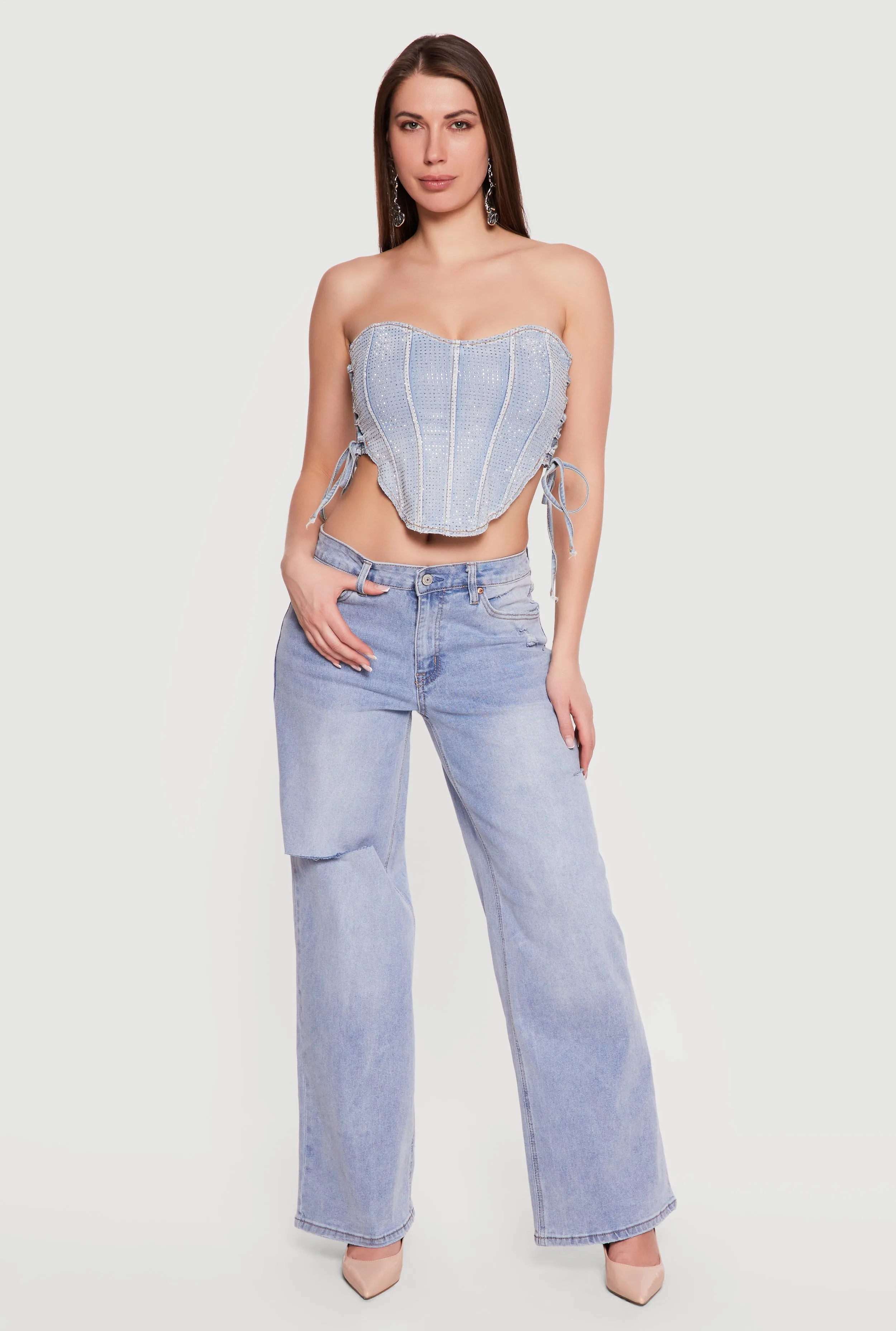 Denim Lace Up Sides Rhinestone Corset Crop Top sold by Rainbow