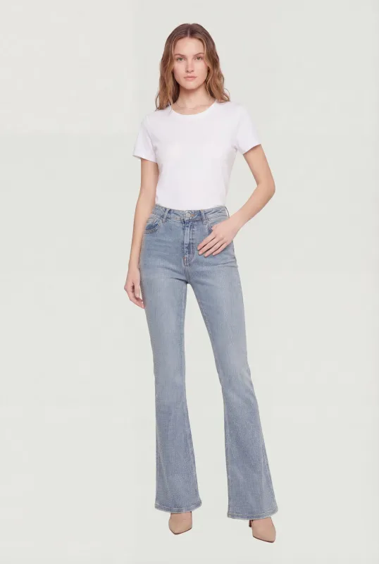 Trendy Mid Rise Rhinestone Flare Leg Jeans made by Rainbow