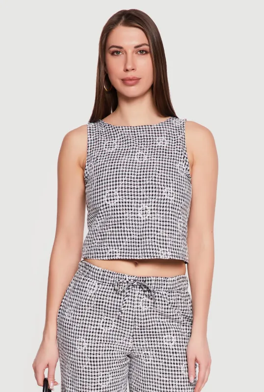 Floral Decorative Stitch Gingham Tie Back Crop Top made by Rainbow