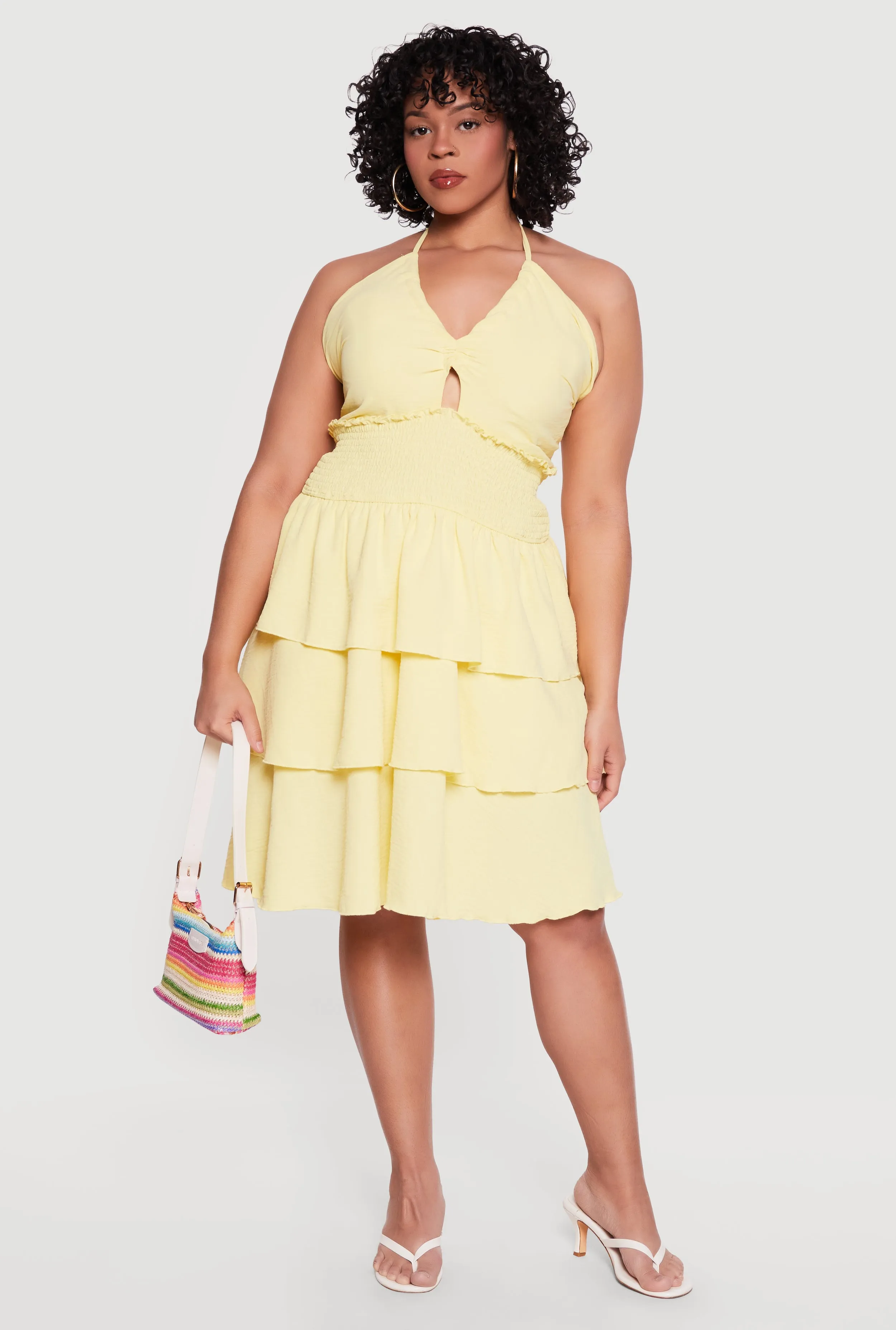 Plus Size Tiered Ruffle Smocked Halter Mini Dress sold by Rainbow