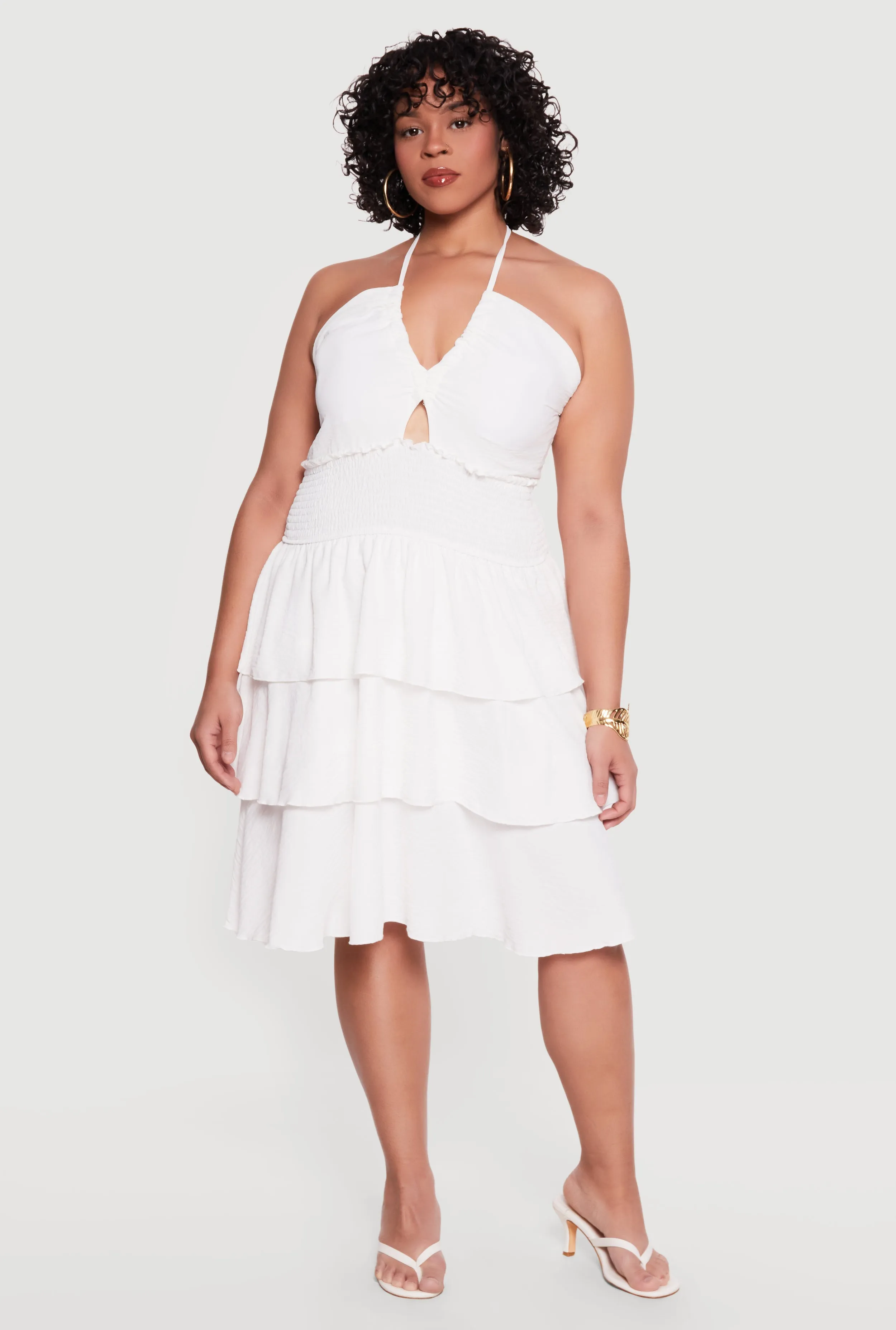 Plus Size Tiered Ruffle Smocked Halter Mini Dress sold by Rainbow