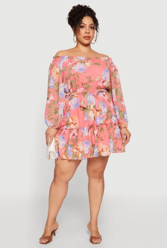 Plus Size Floral Off The Shoulder Mini Dress with Tie Waist Belt made by Rainbow