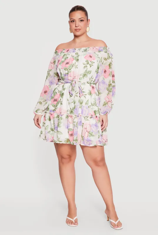 Plus Size Floral Off The Shoulder Mini Dress with Tie Waist Belt made by Rainbow