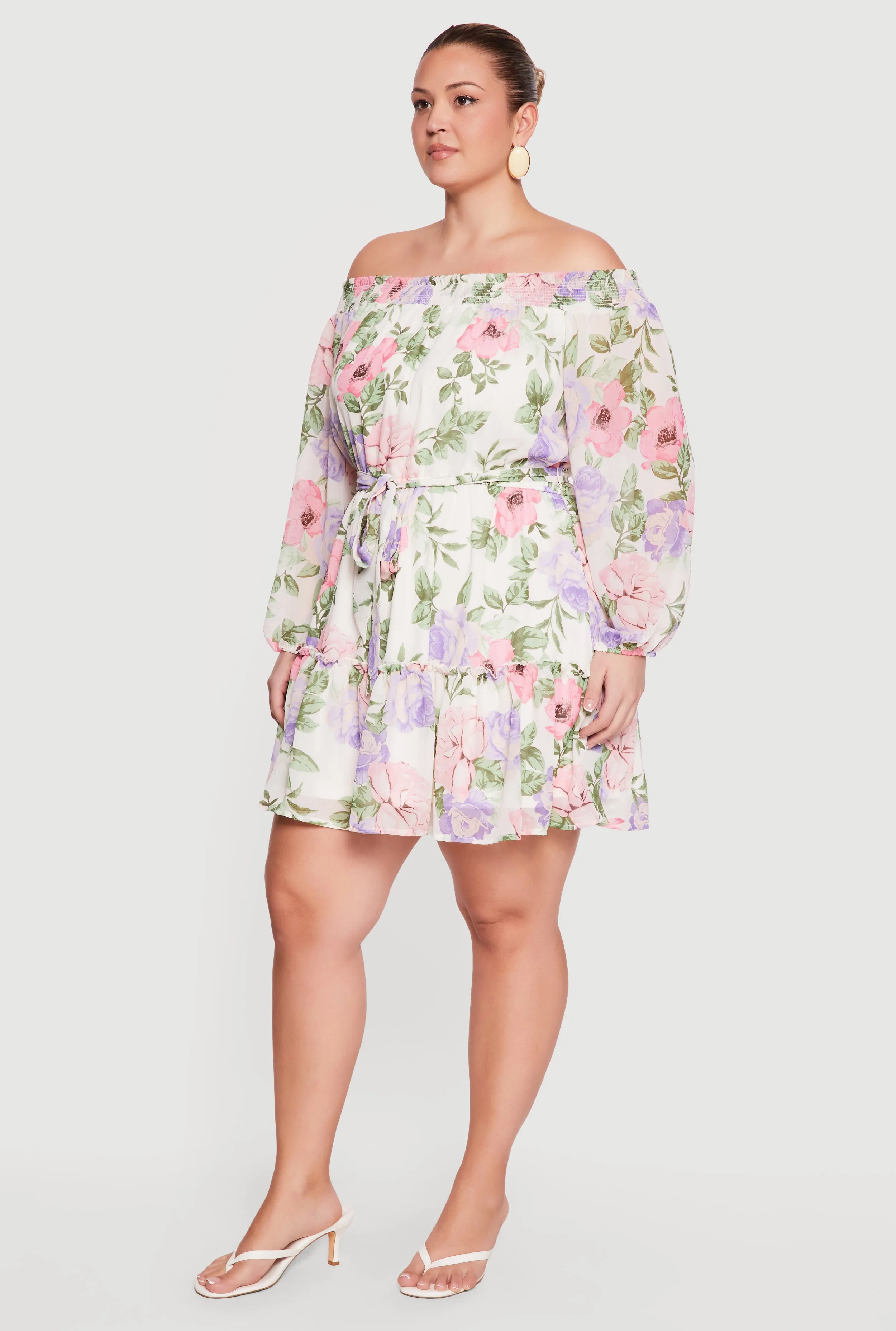 Plus Size Floral Off The Shoulder Mini Dress with Tie Waist Belt sold by Rainbow product image thumbnail 2
