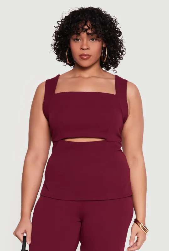 Plus Size Crepe Knit Square Neck Sleeveless Top with Keyhole made by Rainbow