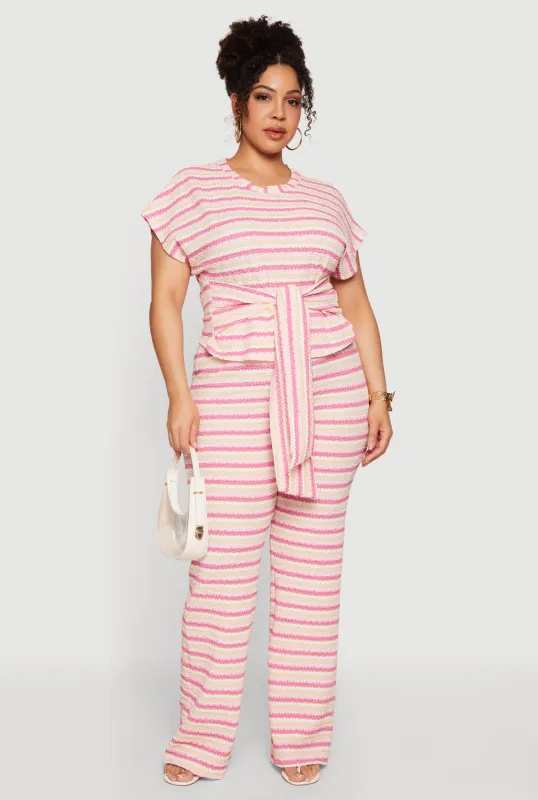 Plus Size Striped High Waisted Wide Leg Textured Knit Pants made by Rainbow