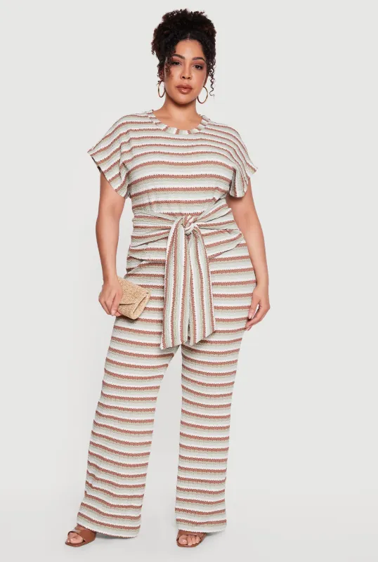 Plus Size Striped High Waisted Wide Leg Textured Knit Pants made by Rainbow