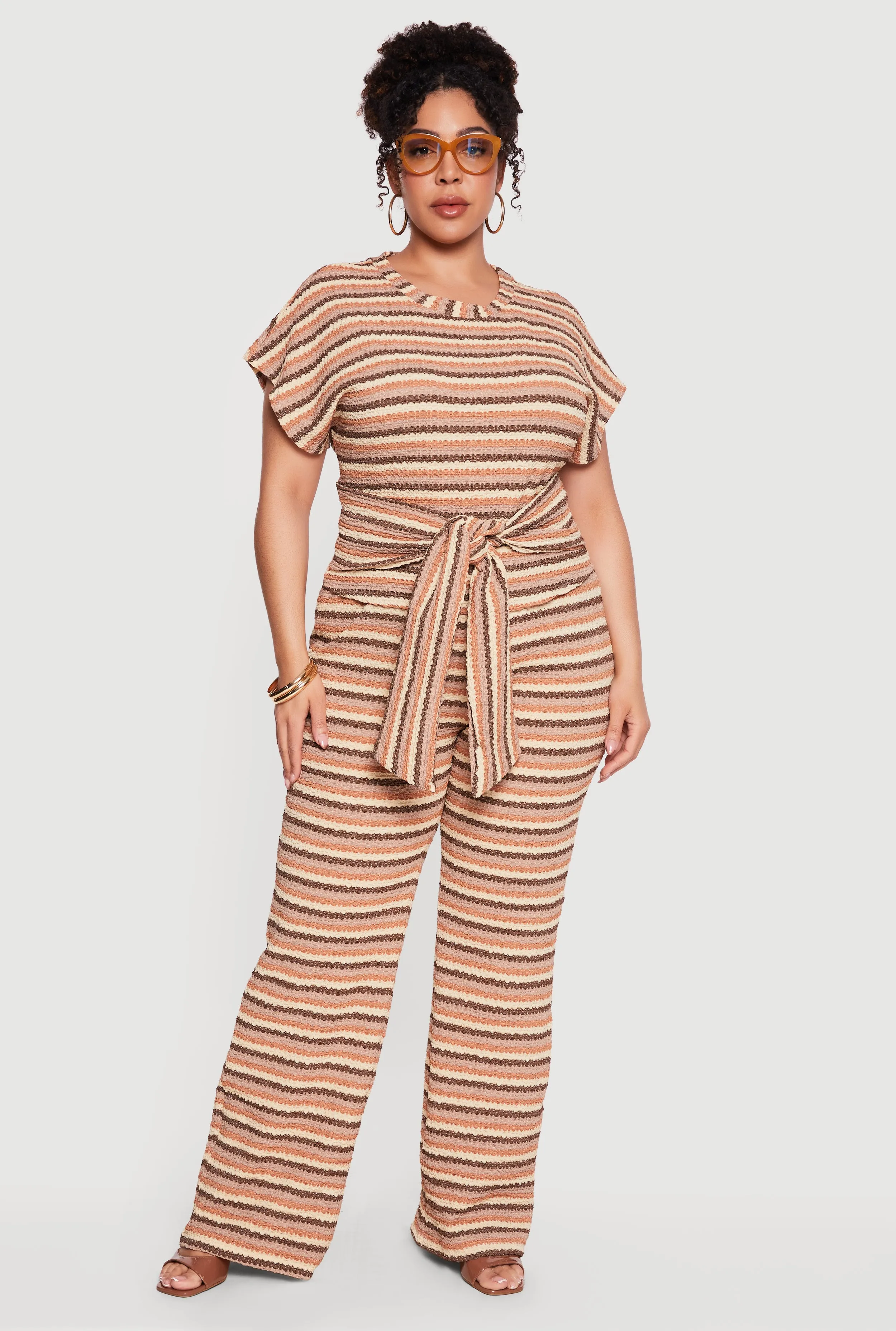 Plus Size Striped High Waisted Wide Leg Textured Knit Pants sold by Rainbow