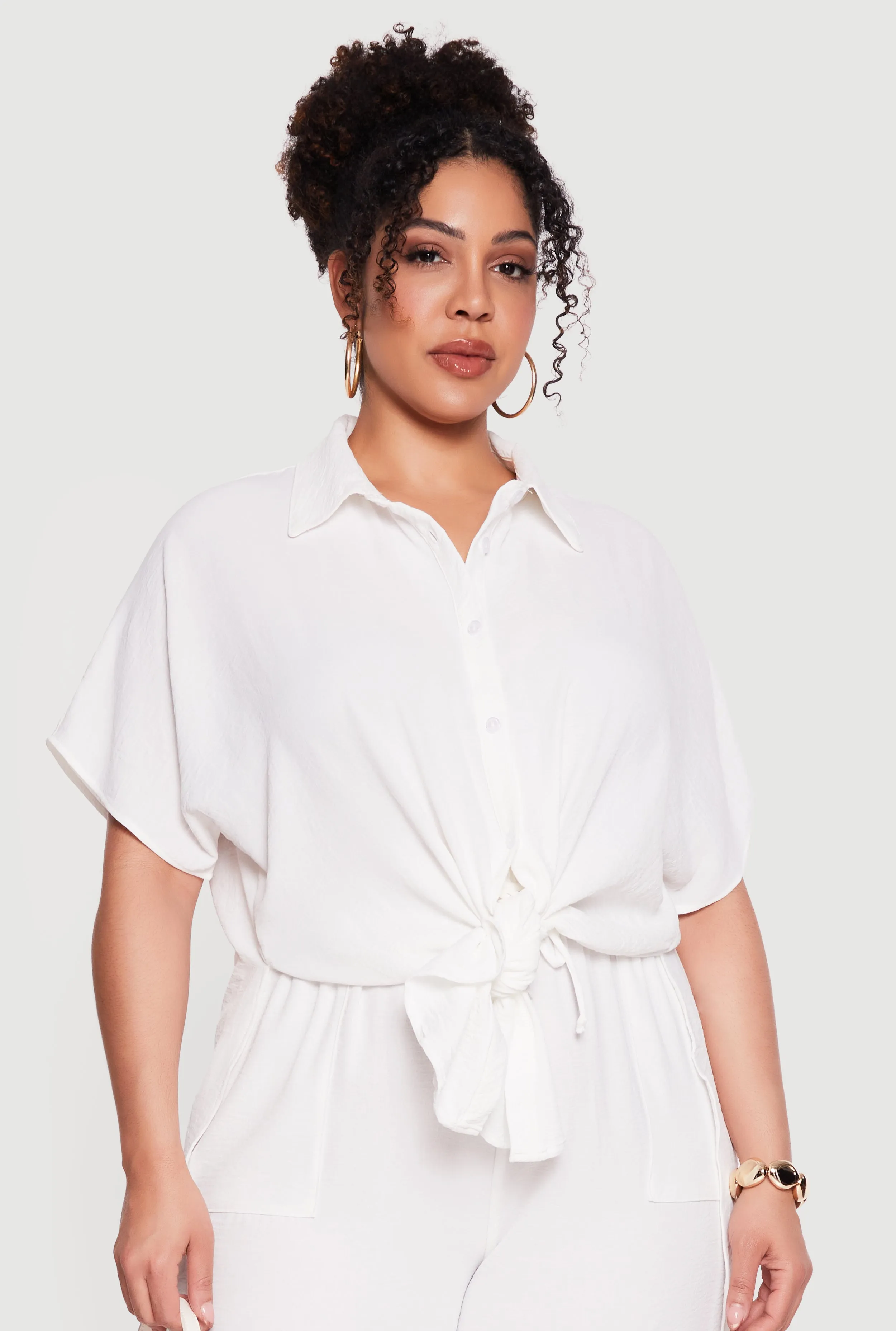 Plus Size Crepe Knit Tie Front Shirt sold by Rainbow