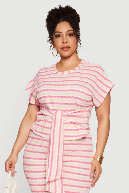 Plus Size Striped Textured Knit Tie Waist Blouse made by Rainbow