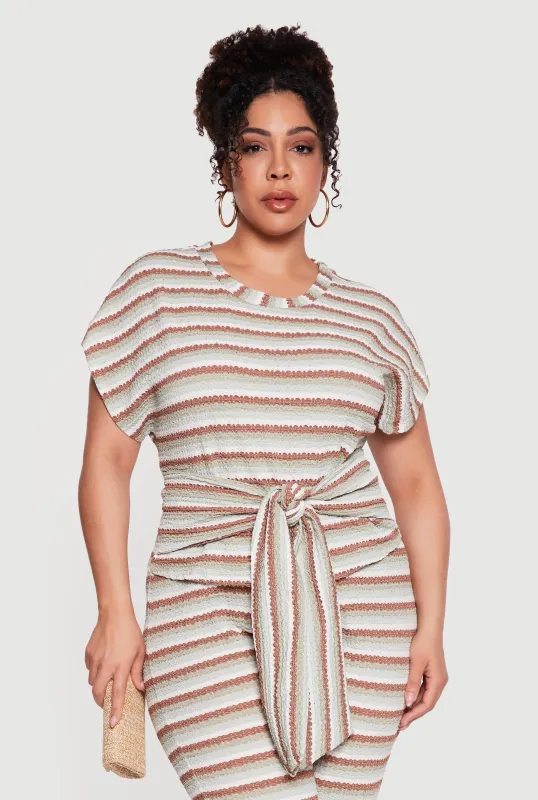 Plus Size Striped Textured Knit Tie Waist Blouse made by Rainbow