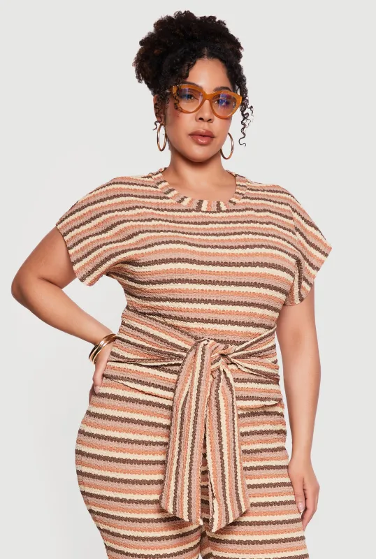 Plus Size Striped Textured Knit Tie Waist Blouse made by Rainbow