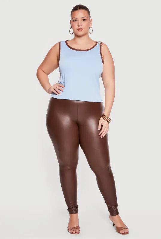 Plus Size Faux Leather Contrast Trim Metallic Detail Tee made by Rainbow