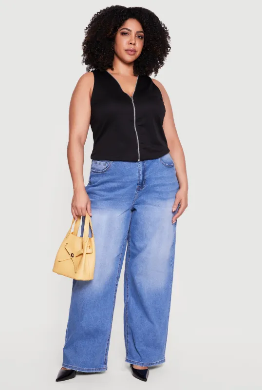 Plus Size Textured Knit V Neck Zip Front Top made by Rainbow
