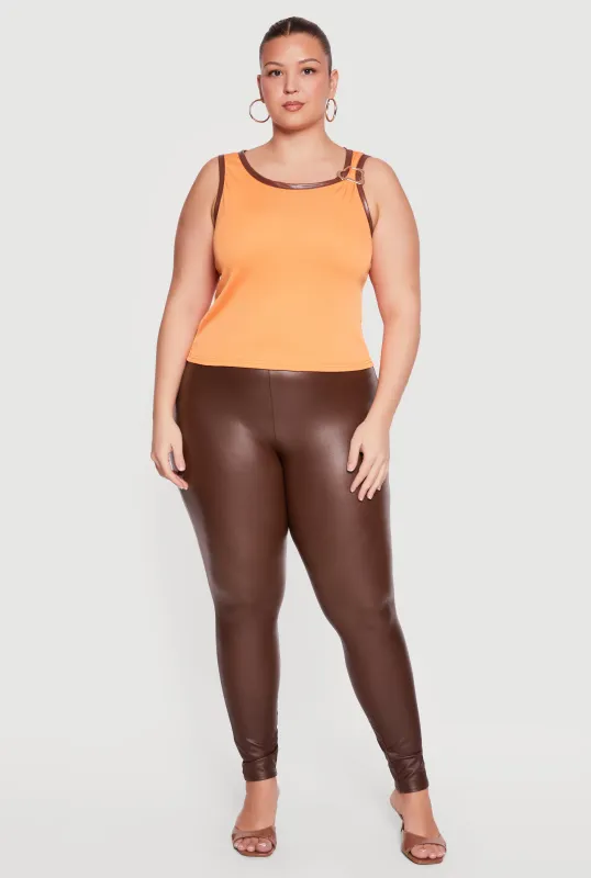 Plus Size Faux Leather Contrast Trim Metallic Detail Tee made by Rainbow