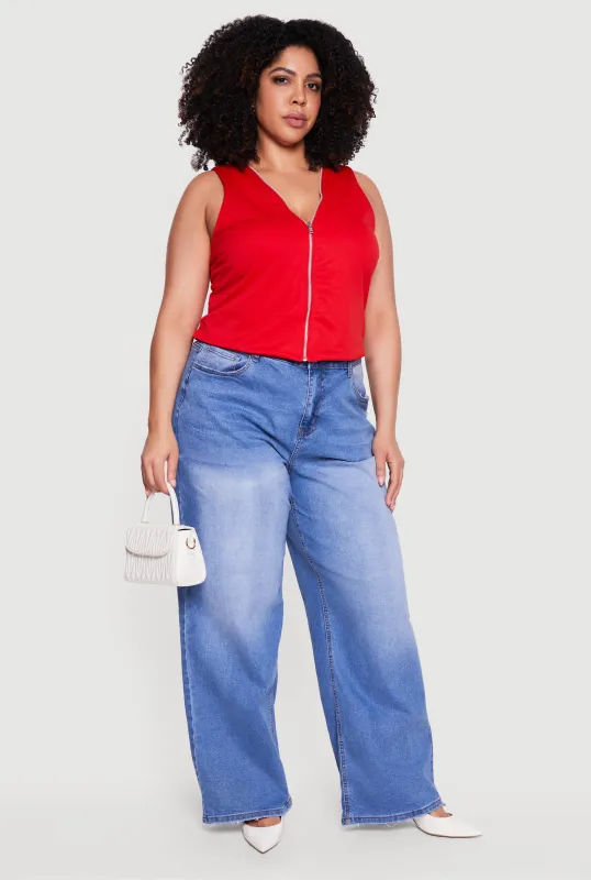 Plus Size Textured Knit V Neck Zip Front Top made by Rainbow