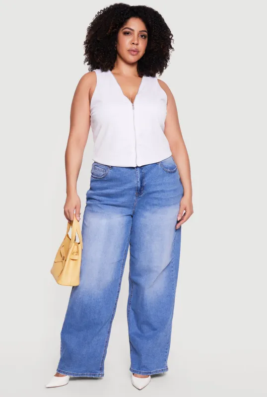 Plus Size Textured Knit V Neck Zip Front Top made by Rainbow