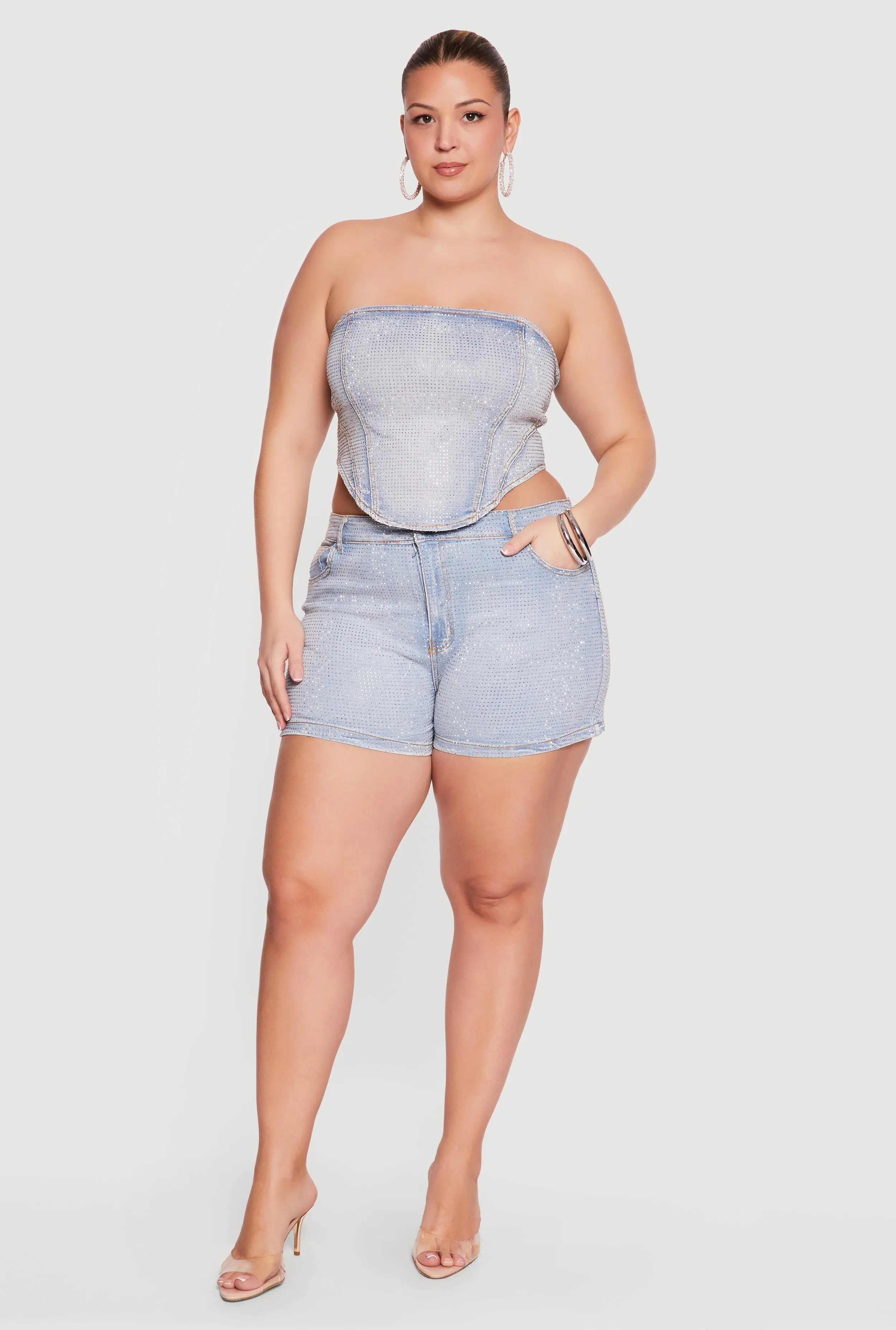 Plus Size High Waisted Rhinestone Denim Shorts sold by Rainbow product image thumbnail 3
