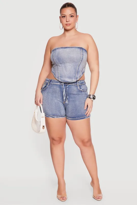 Plus Size High Waisted Rhinestone Denim Shorts made by Daisy