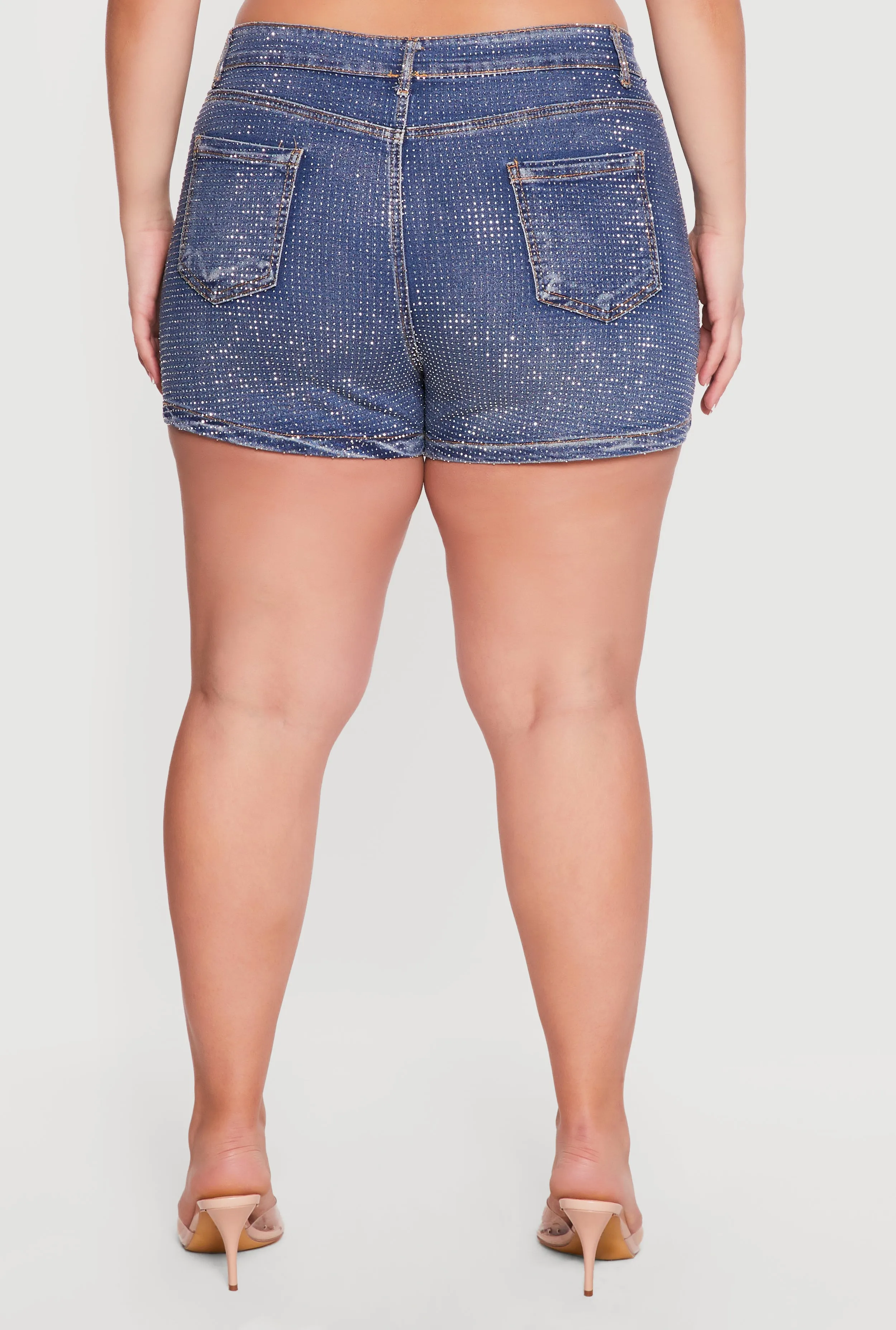 Plus Size High Waisted Rhinestone Denim Shorts sold by Rainbow product image thumbnail 5