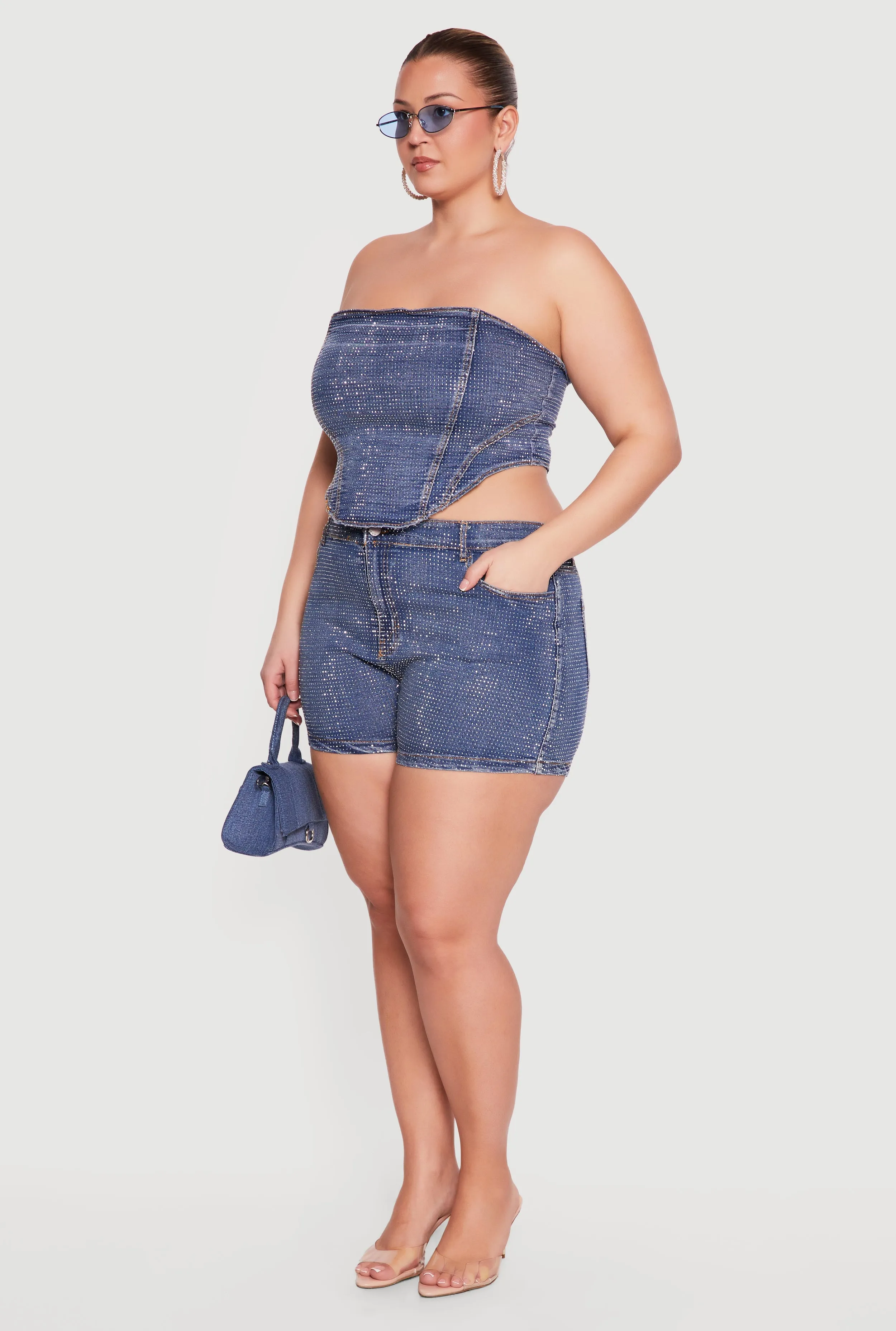 Plus Size High Waisted Rhinestone Denim Shorts sold by Rainbow product image thumbnail 2