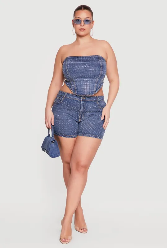 Plus Size High Waisted Rhinestone Denim Shorts made by Daisy