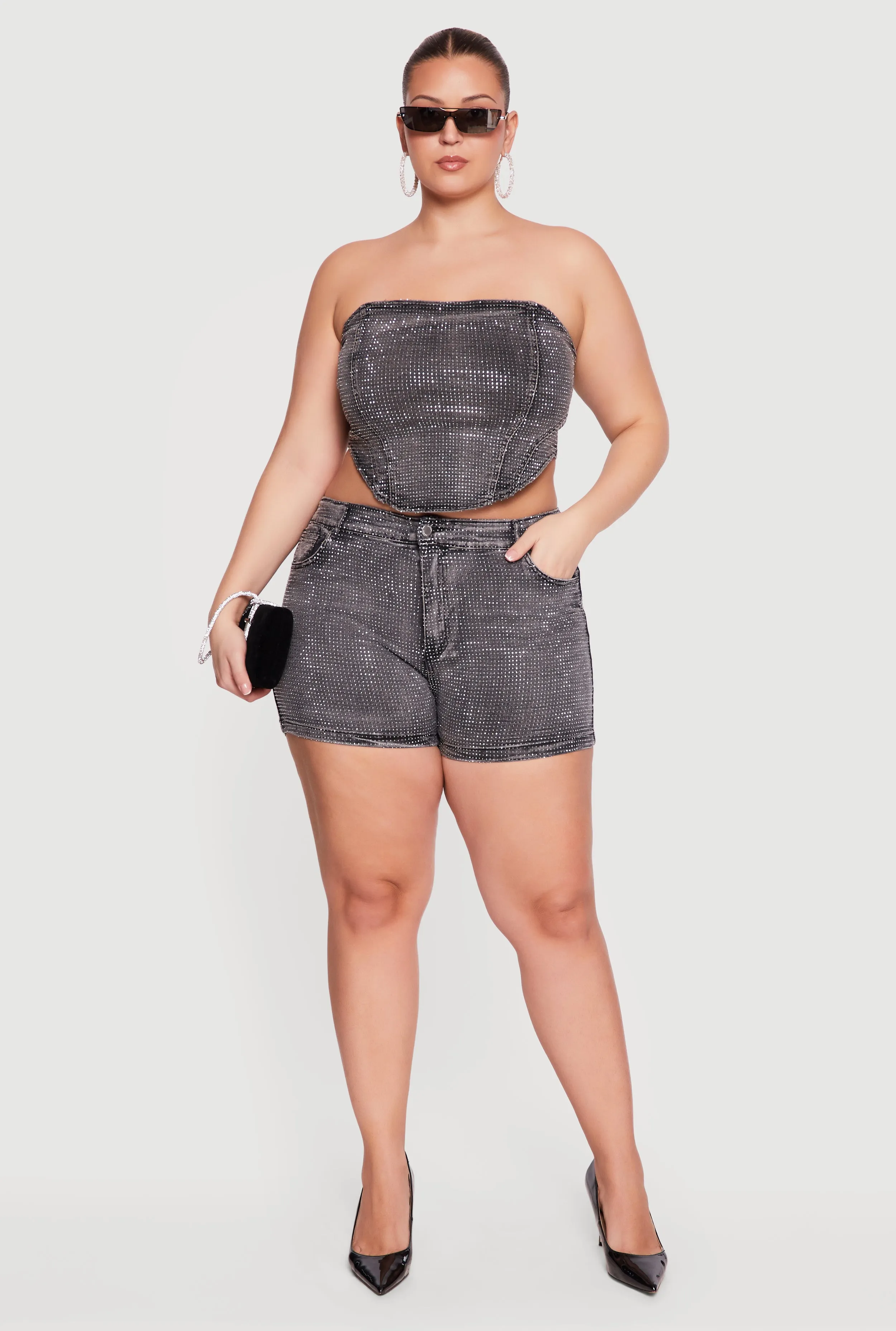 Plus Size High Waisted Rhinestone Denim Shorts sold by Rainbow